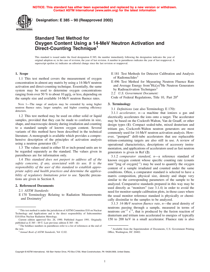 ASTM E385-90(2002) - Standard Test Method for Oxygen Content Using a 14-MeV Neutron Activation and Direct-Counting Technique