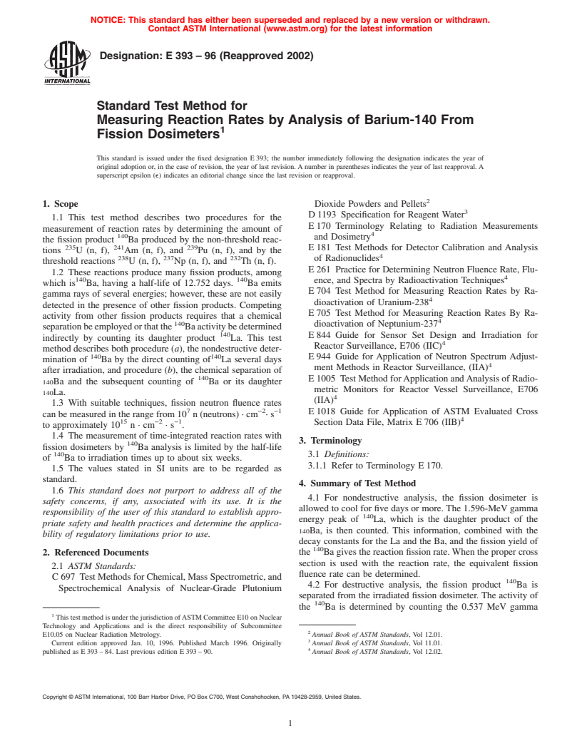 ASTM E393-96(2002) - Standard Test Method for Measuring Reaction Rates by Analysis of Barium-140 From Fission Dosimeters