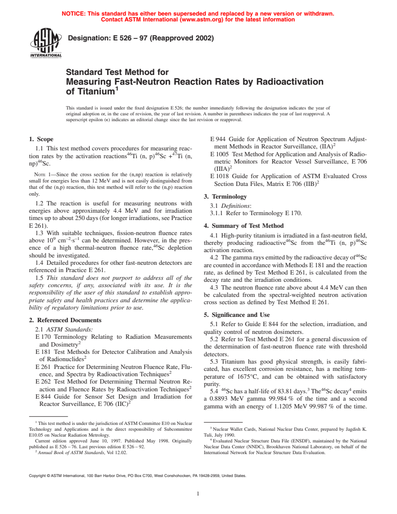 ASTM E526-97(2002) - Standard Test Method for Measuring Fast-Neutron Reaction Rates by Radioactivation of Titanium