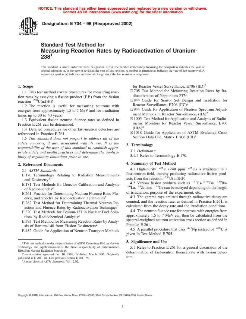 ASTM E704-96(2002) - Standard Test Method for Measuring Reaction Rates by Radioactivation of Uranium-238