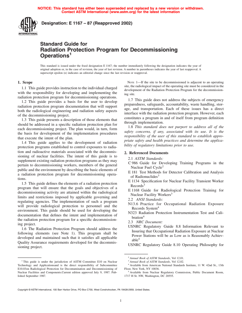 ASTM E1167-87(2002) - Standard Guide for Radiation Protection Program for Decommissioning Operations