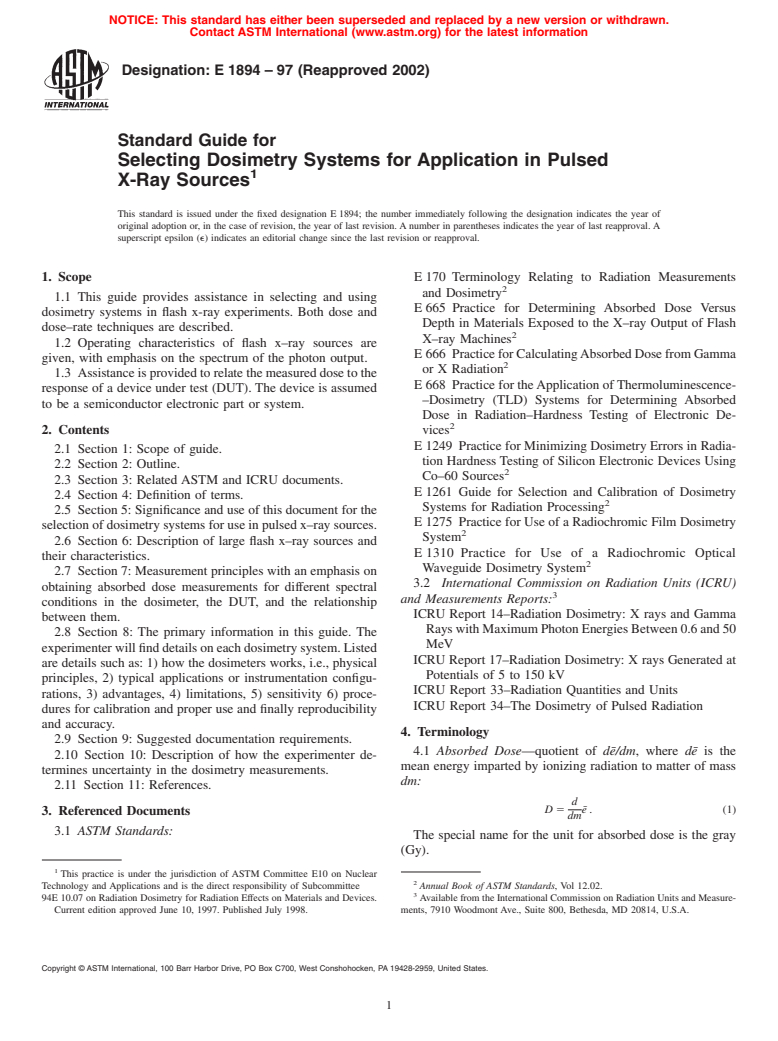 ASTM E1894-97(2002) - Standard Guide for Selecting Dosimetry Systems for Application in Pulsed X-Ray Sources