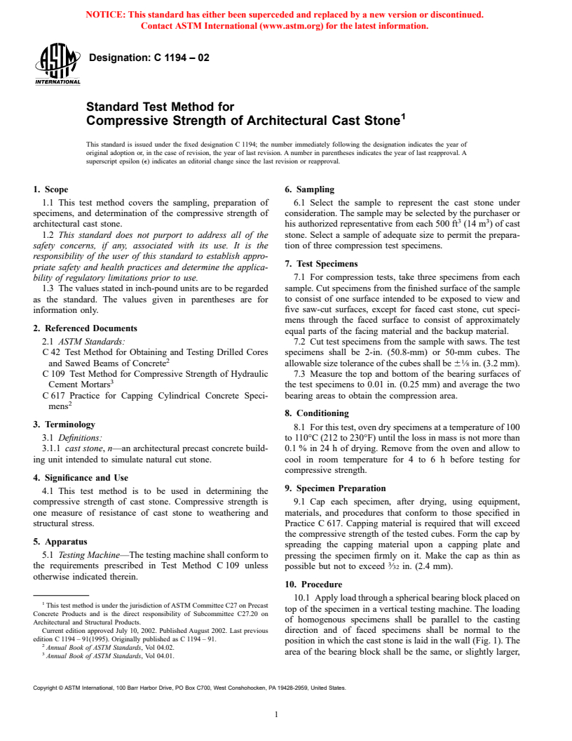 ASTM C1194-02 - Standard Test Method for Compressive Strength of Architectural Cast Stone