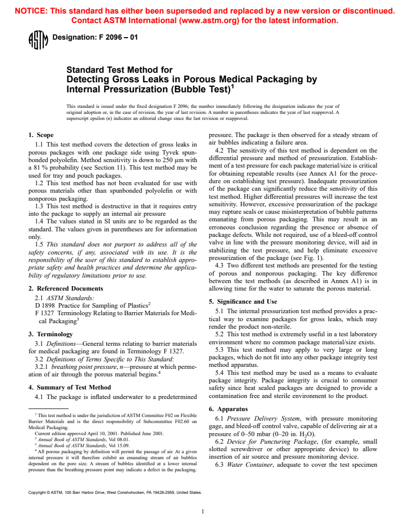 ASTM F2096-01 - Standard Test Method for Detecting Gross Leaks in Medical Packaging by Internal Pressurization (Bubble Test)