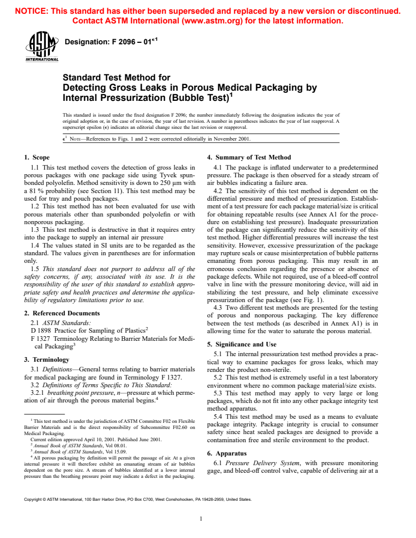 ASTM F2096-01e1 - Standard Test Method for Detecting Gross Leaks in Medical Packaging by Internal Pressurization (Bubble Test)