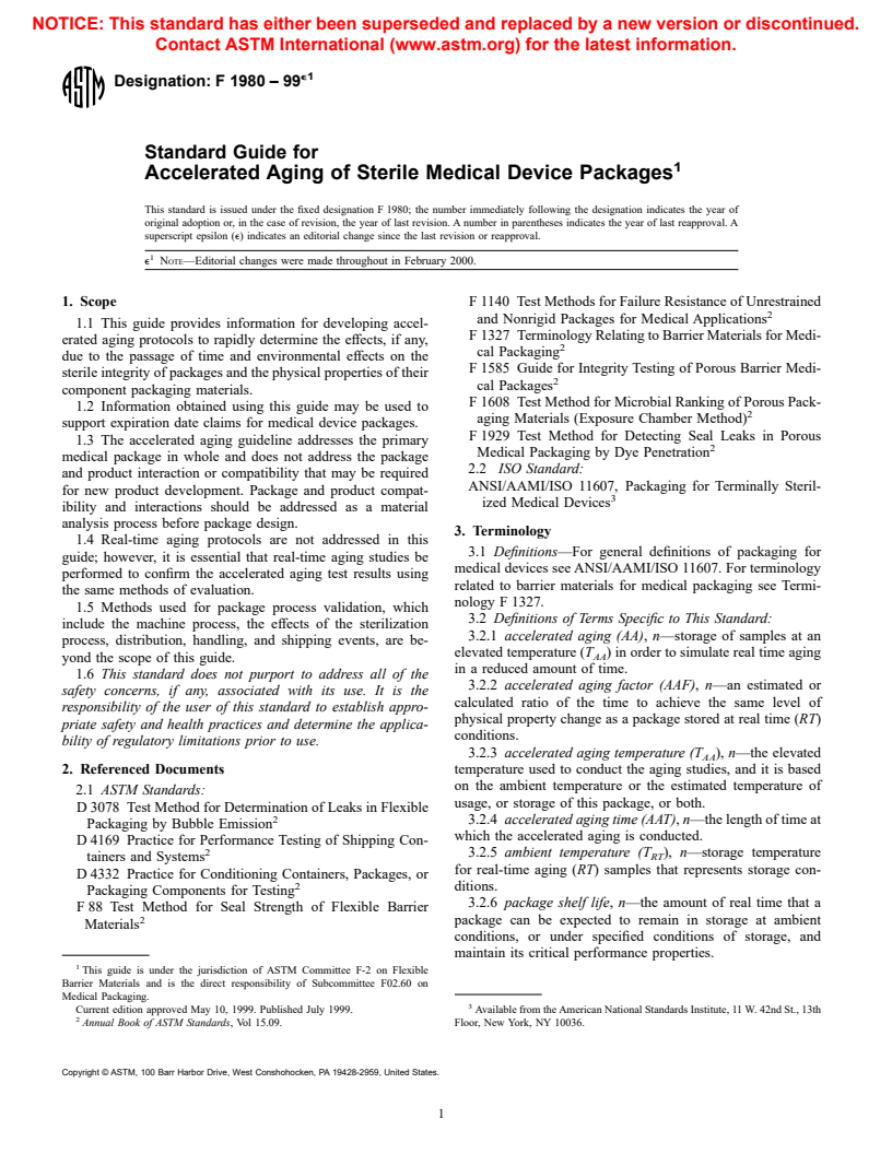 ASTM F1980-99e1 - Standard Guide for Accelerated Aging of Sterile Medical Device Packages