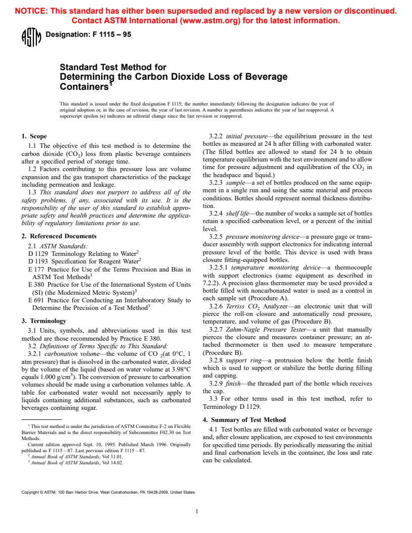 ASTM F1115-95 - Standard Test Method for Determining the Carbon Dioxide Loss of Beverage Containers