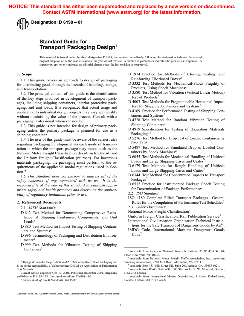 ASTM D6198-01 - Standard Guide for Transport Packaging Design