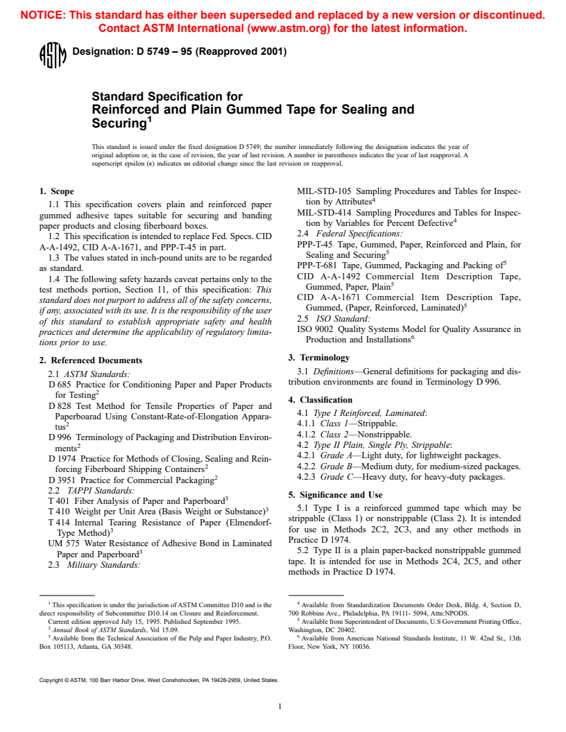 ASTM D5749-95(2001) - Standard Specification for Reinforced and Plain Gummed Tape for Sealing and Securing