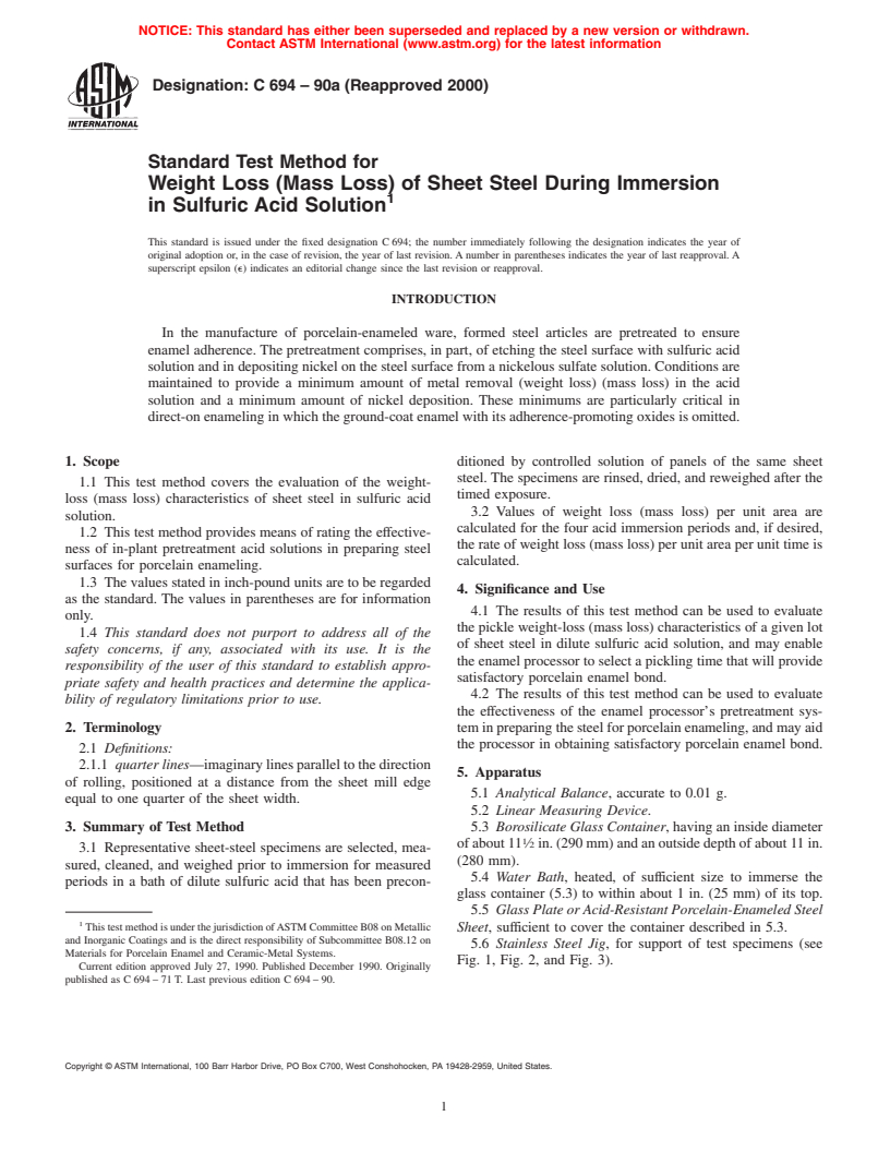 ASTM C694-90a(2000) - Standard Test Method for Weight Loss (Mass Loss) of Sheet Steel During Immersion in Sulfuric Acid Solution