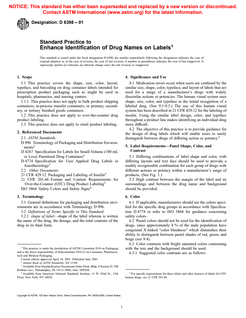 ASTM D6398-01 - Standard Practice to Enhance Identification of Drug Names on Labels