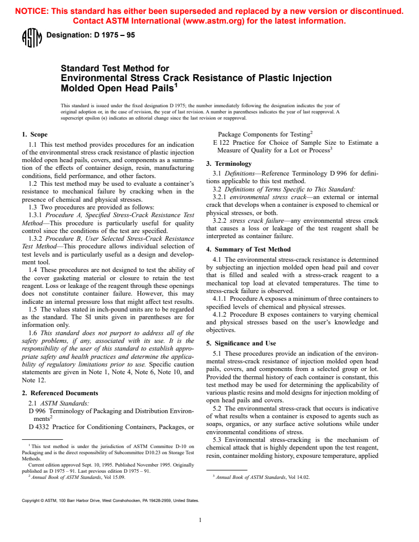 ASTM D1975-95 - Standard Test Method for Environmental Stress Crack Resistance of Plastic Injection Molded Open Head Pails