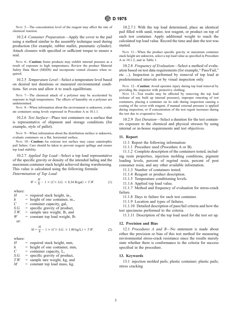 ASTM D1975-95 - Standard Test Method for Environmental Stress Crack Resistance of Plastic Injection Molded Open Head Pails