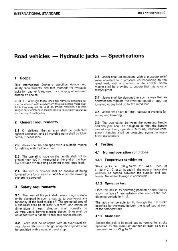 ISO 11530:1993 - Road vehicles -- Hydraulic jacks -- Specifications