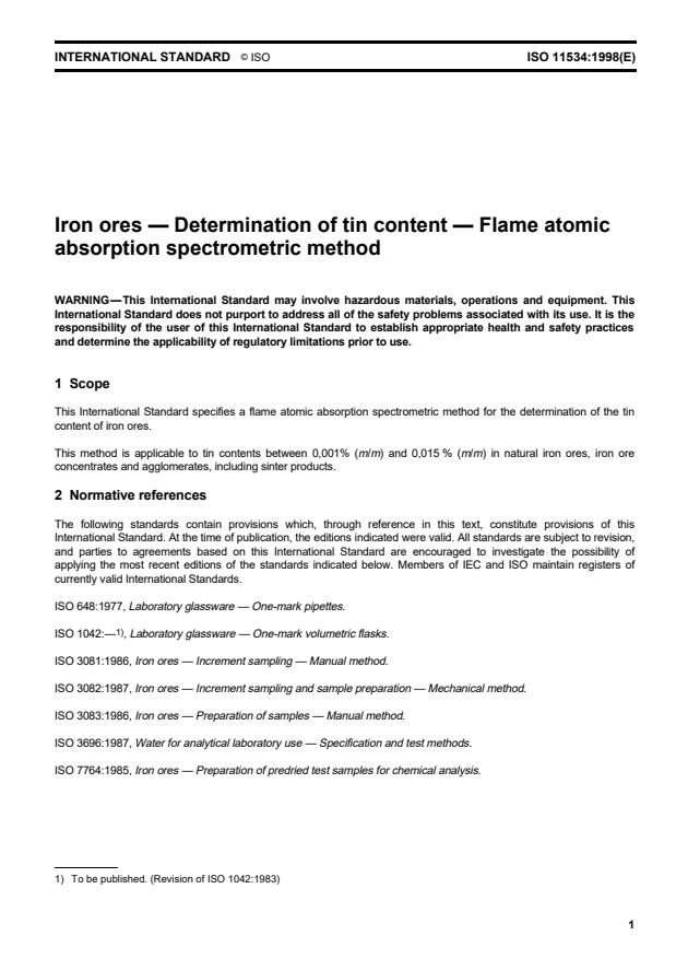 ISO 11534:1998 - Iron ores -- Determination of tin content -- Flame atomic absorption spectrometric method