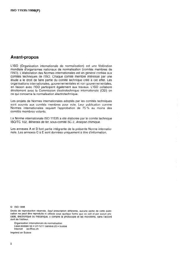 ISO 11535:1998 ISO 11535:1998 - Minerais de fer -- Dosage de divers éléments -- Méthode par spectrométrie d'émission atomique avec plasma induit par haute fréquence - Page 2 preview