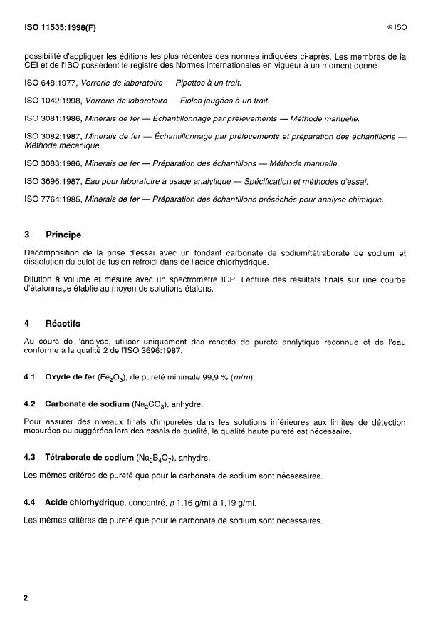 ISO 11535:1998 ISO 11535:1998 - Minerais de fer -- Dosage de divers éléments -- Méthode par spectrométrie d'émission atomique avec plasma induit par haute fréquence - Page 4 preview