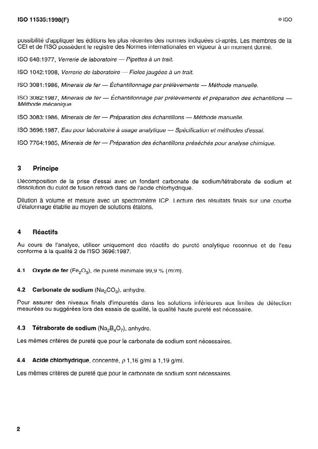 ISO 11535:1998 ISO 11535:1998 - Minerais de fer -- Dosage de divers éléments -- Méthode par spectrométrie d'émission atomique avec plasma induit par haute fréquence - Page 4 preview