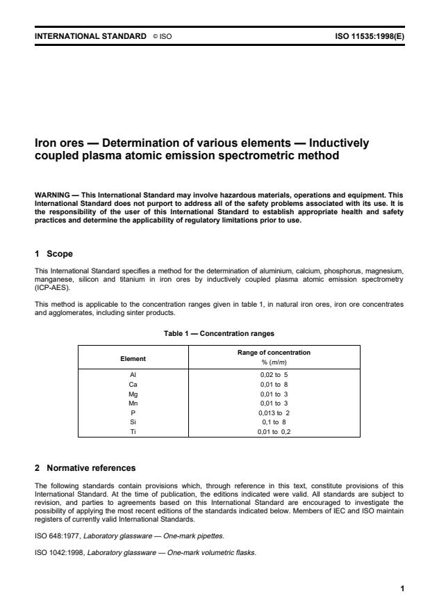 ISO 11535:1998 - Iron ores -- Determination of various elements -- Inductively coupled plasma atomic emission spectrometric method
