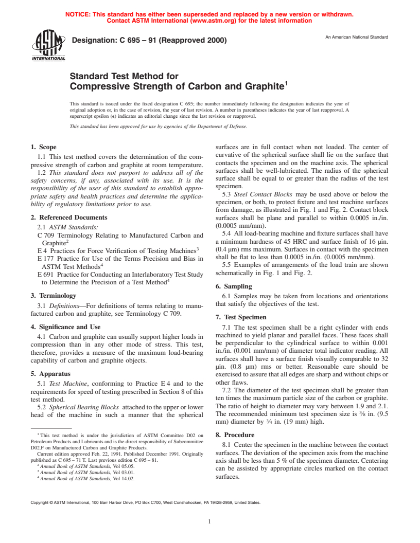 ASTM C695-91(2000) - Standard Test Method for Compressive Strength of Carbon and Graphite