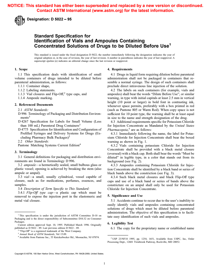 ASTM D5022-95 - Standard Specification for Identification of Vials and Ampoules Containing Concentrated Solutions of Drugs to be Diluted Before Use