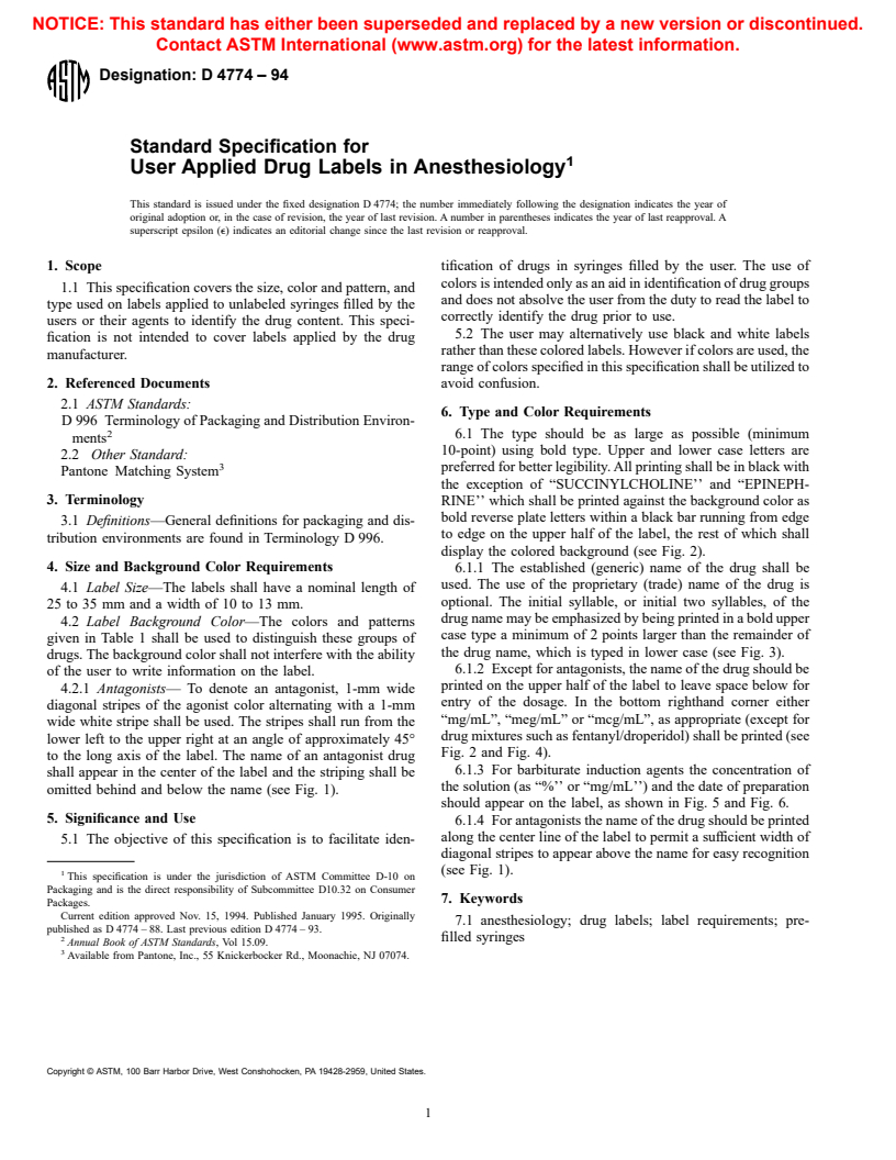 ASTM D4774-94 - Standard Specification for User Applied Drug Labels in Anesthesiology