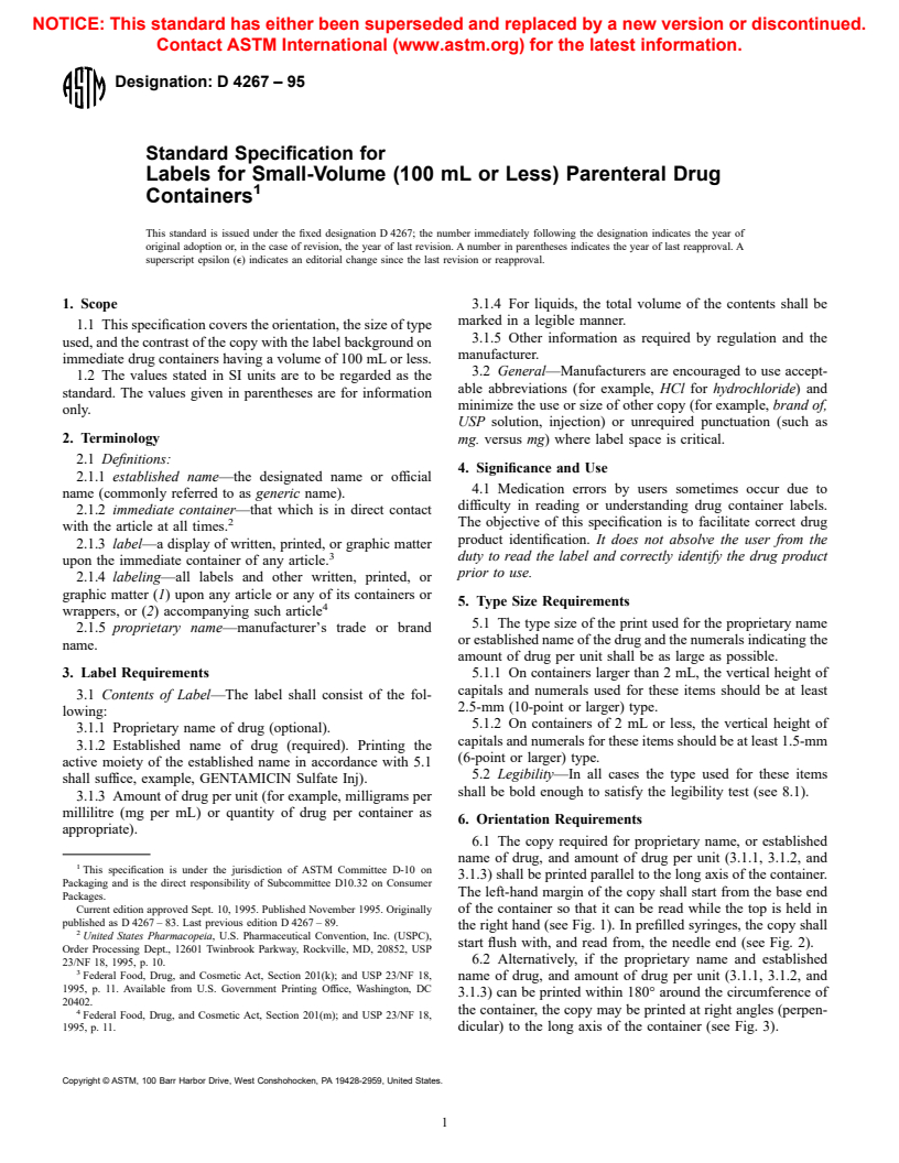 ASTM D4267-95 - Standard Specification for Labels for Small-Volume (100 mL or Less) Parenteral Drug Containers