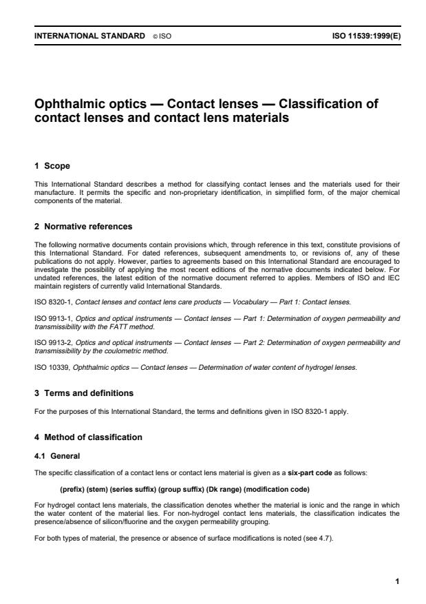 ISO 11539:1999 - Ophthalmic optics -- Contact lenses -- Classification of contact lenses and contact lens materials