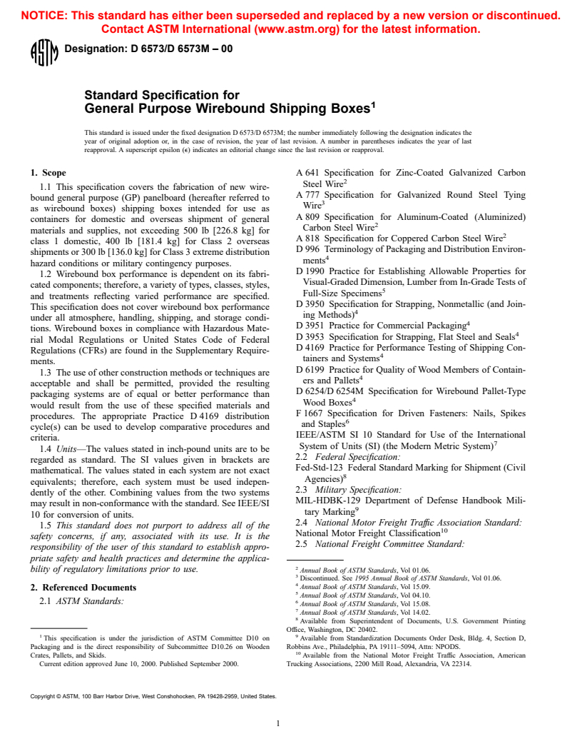 ASTM D6573/D6573M-00 - Standard Specification for General Purpose Wirebound Shipping Boxes