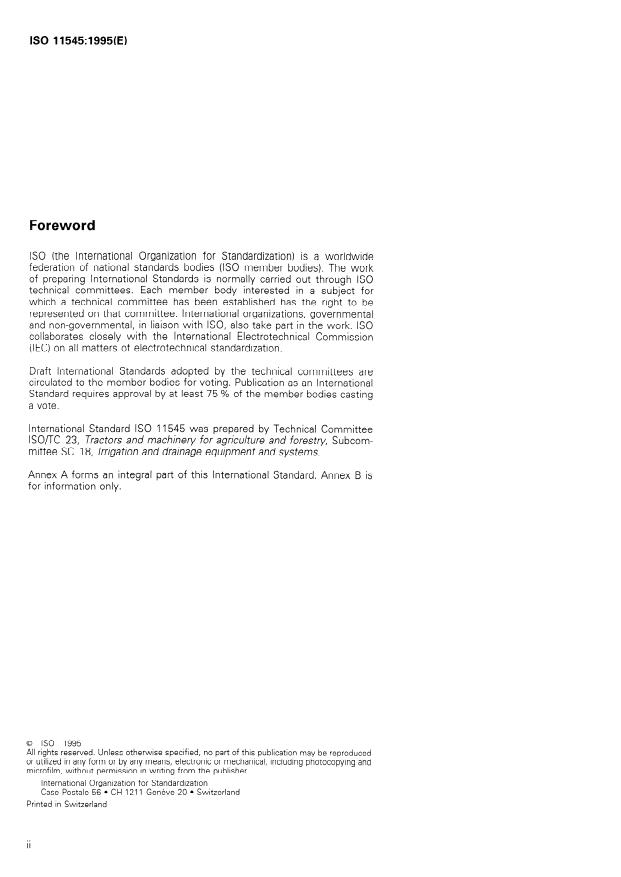 ISO 11545:1995 ISO 11545:1995 - Agricultural irrigation equipment -- Centre-pivot and moving lateral irrigation machines with sprayer or sprinkler nozzles -- Determination of uniformity of water distribution - Page 2 preview