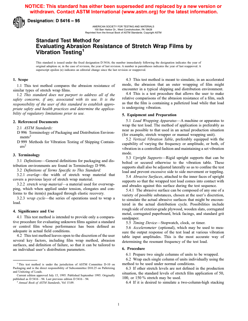 ASTM D5416-95 - Standard Test Method for Evaluating Abrasion Resistance of Stretch Wrap Films by Vibration Testing