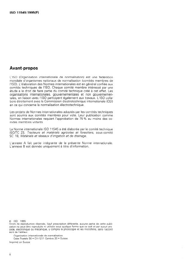 ISO 11545:1995 ISO 11545:1995 - Matériel agricole d'irrigation -- Pivots et rampes frontales équipés de buses d'arrosage ou d'asperseurs -- Méthode de détermination de l'uniformité de la distribution d'eau - Page 2 preview