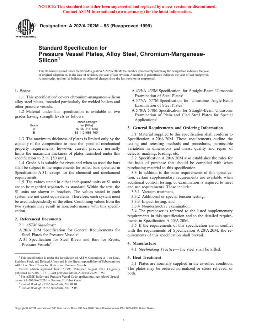 ASTM A202/A202M-93(1999) - Standard Specification for Pressure Vessel Plates, Alloy Steel, Chromium-Manganese-Silicon