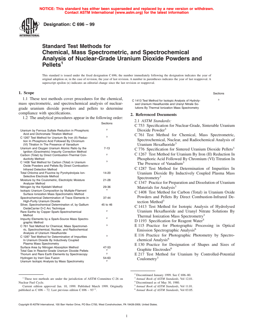 ASTM C696-99 - Standard Test Methods for Chemical, Mass Spectrometric, and Spectrochemical Analysis of Nuclear-Grade Uranium Dioxide Powders and Pellets