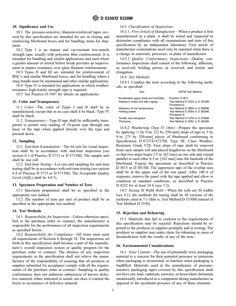 ASTM D5330/D5330M-93e1 - Standard Specification for Pressure-Sensitive Tape for Packaging, Filament- Reinforced