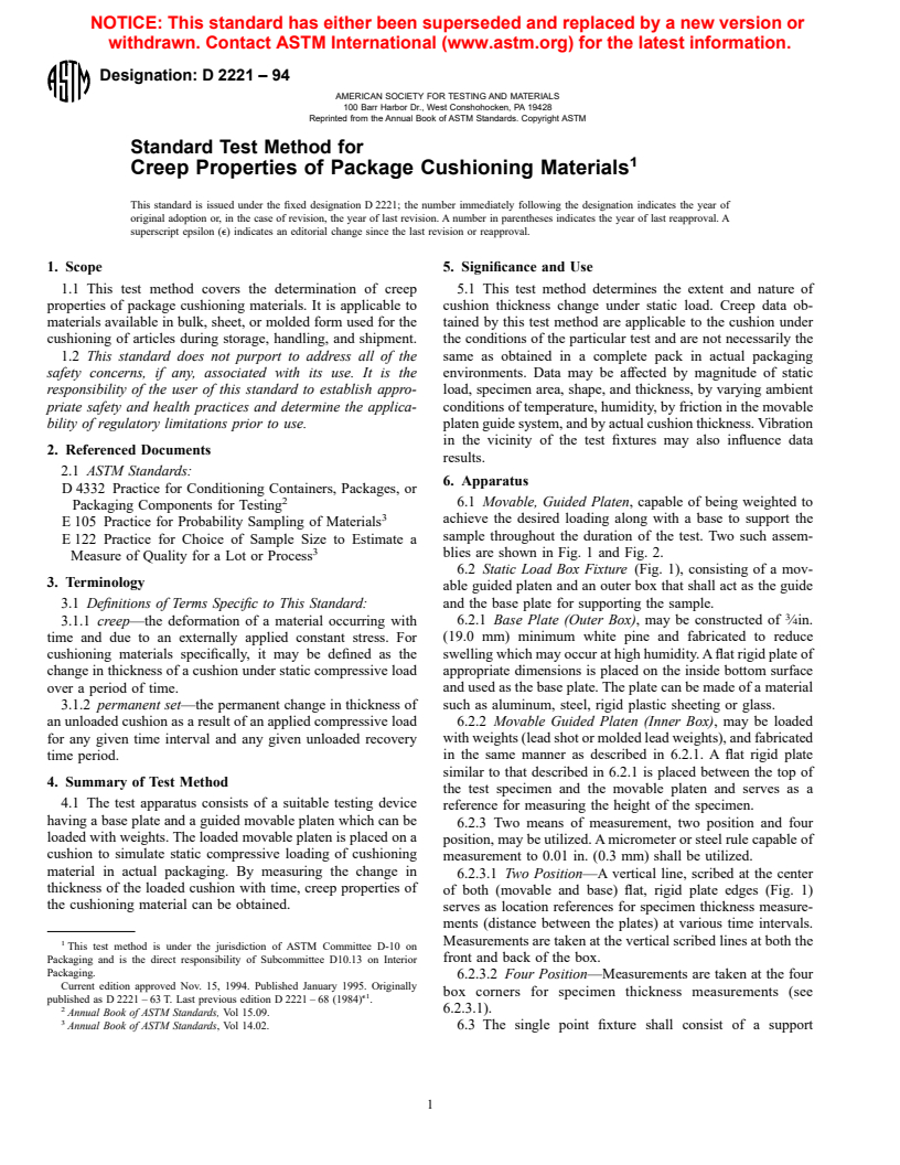 ASTM D2221-94 - Standard Test Method for Creep Properties of Package Cushioning Materials