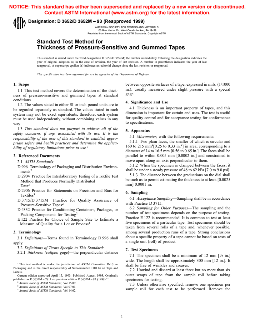 ASTM D3652/D3652M-93(1999) - Standard Test Method for Thickness of Pressure-Sensitive Tapes