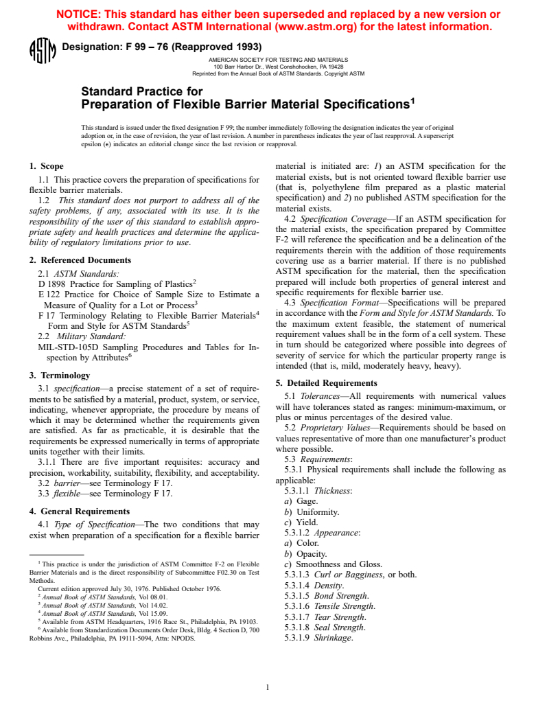 ASTM F99-76(1993) - Standard Practice for Preparation of Flexible Barrier Material Specifications