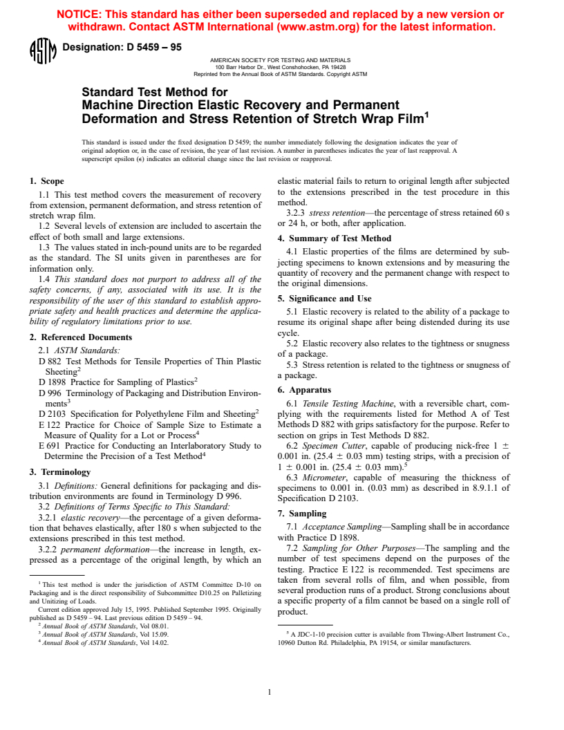 ASTM D5459-95 - Standard Test Method for Machine Direction Elastic Recovery and Permanent Deformation and Stress Retention of Stretch Wrap Film