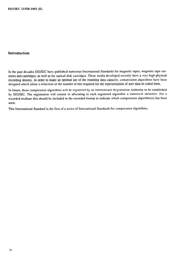 ISO/IEC 11558:1992 ISO/IEC 11558:1992 - Information technology -- Data compression for information interchange -- Adaptive coding with embedded dictionary -- DCLZ Algorithm - Page 4 preview