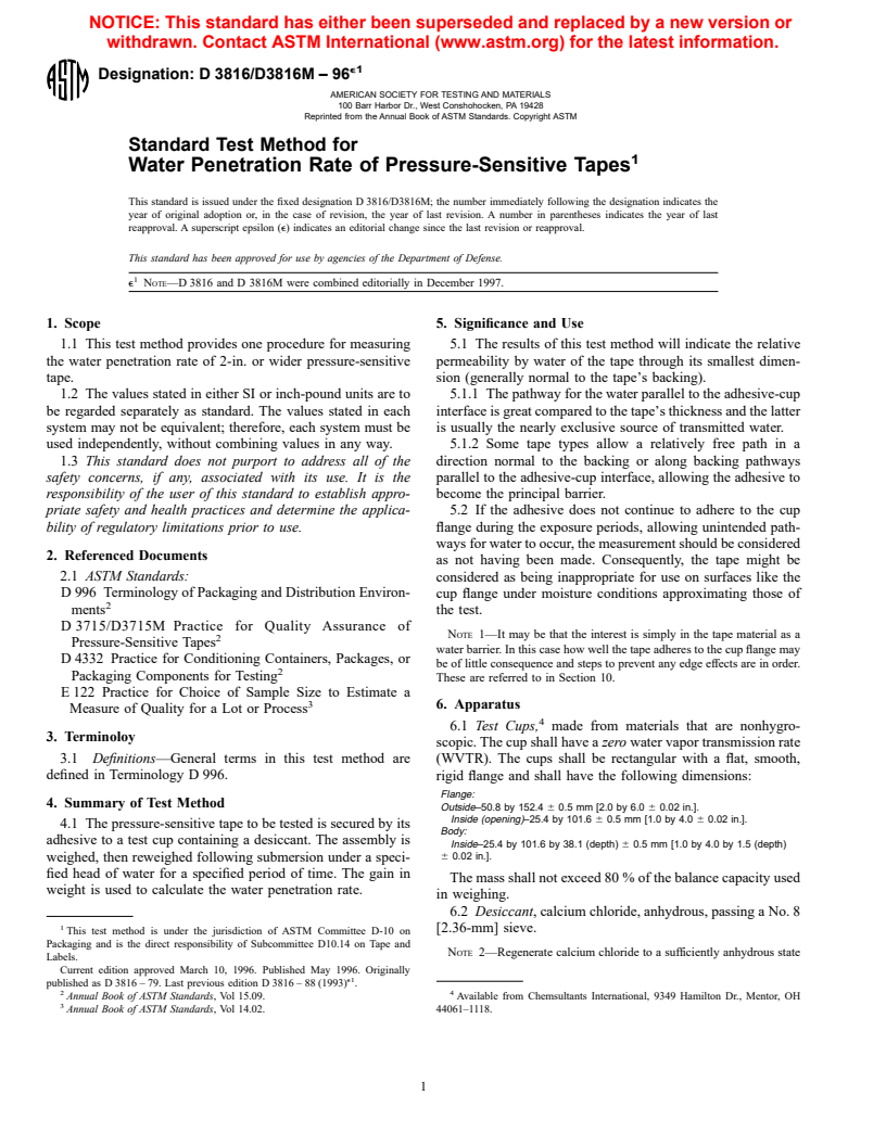 ASTM D3816/D3816M-96e1 - Standard Test Method for Water Penetration Rate of Pressure-Sensitive Tapes