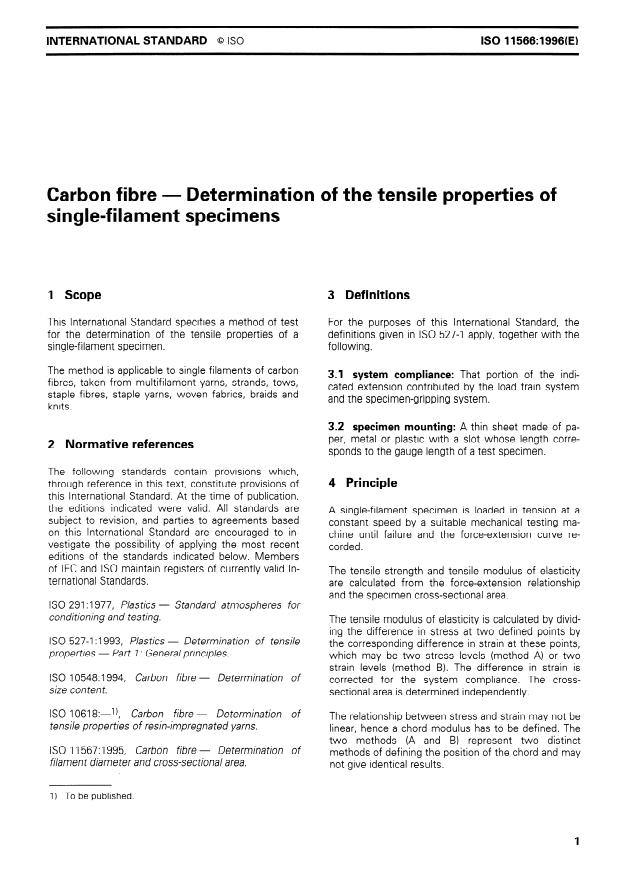 ISO 11566:1996 - Carbon fibre -- Determination of the tensile properties of single-filament specimens