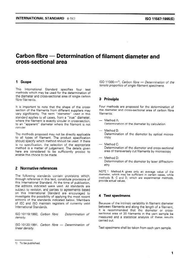 ISO 11567:1995 - Carbon fibre -- Determination of filament diameter and cross-sectional area