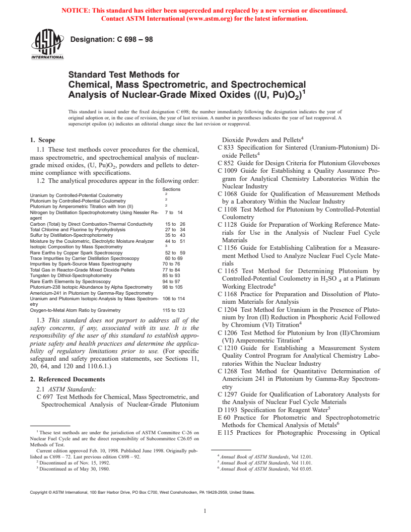 ASTM C698-98 - Standard Test Methods for Chemical, Mass Spectrometric, and Spectrochemical Analysis of Nuclear-Grade Mixed Oxides ((U, Pu)O<sub>2</sub>)