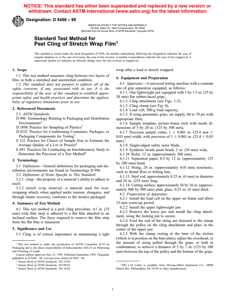 ASTM D5458-95 - Standard Test Method for Peel Cling of Stretch Wrap Film