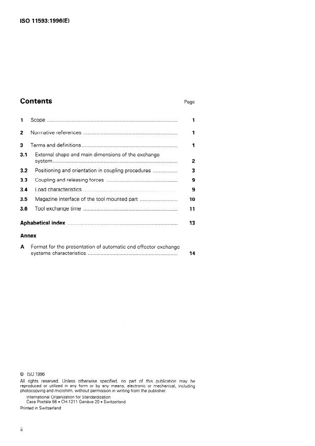 ISO 11593:1996 ISO 11593:1996 - Manipulating industrial robots -- Automatic end effector exchange systems -- Vocabulary and presentation of characteristics - Page 2 preview