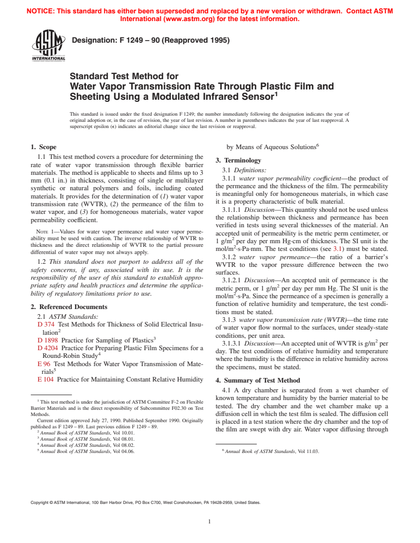 ASTM F1249-90(1995) - Standard Test Method for Water Vapor Transmission Rate Through Plastic Film and Sheeting Using a Modulated Infrared Sensor