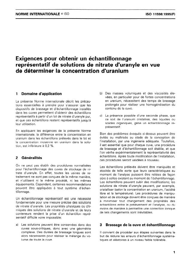 ISO 11598:1995 - Exigences pour obtenir un échantillonnage représentatif de solutions de nitrate d'uranyle en vue de déterminer la concentration d'uranium