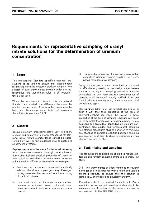 ISO 11598:1995 - Requirements for representative sampling of uranyl nitrate solutions for the determination of uranium concentration