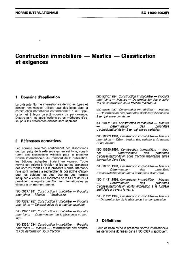 ISO 11600:1993 - Construction immobiliere -- Mastics -- Classification et exigences